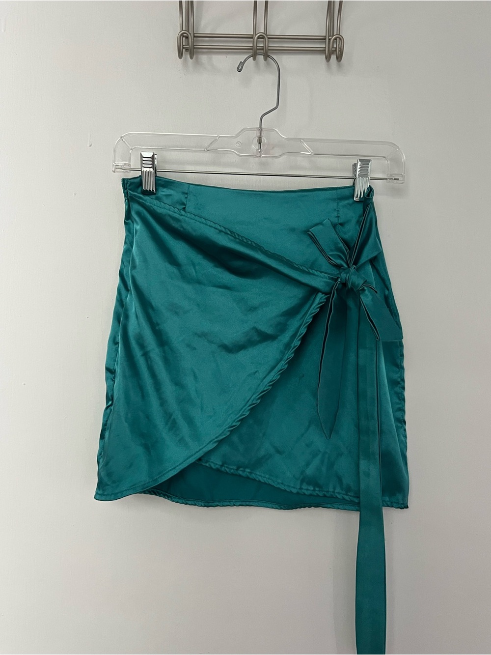 SHEIN Teal Satin Wrap Mini Skirt with Side Tie